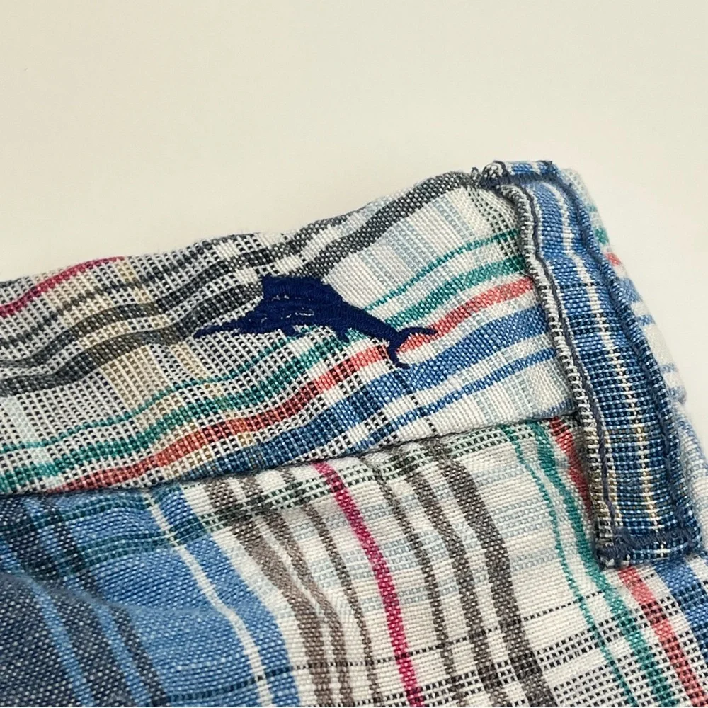 Tommy Bahama Men’s Shorts Plaid Ocean Deep Blue White Casual Linen Blend Size 42